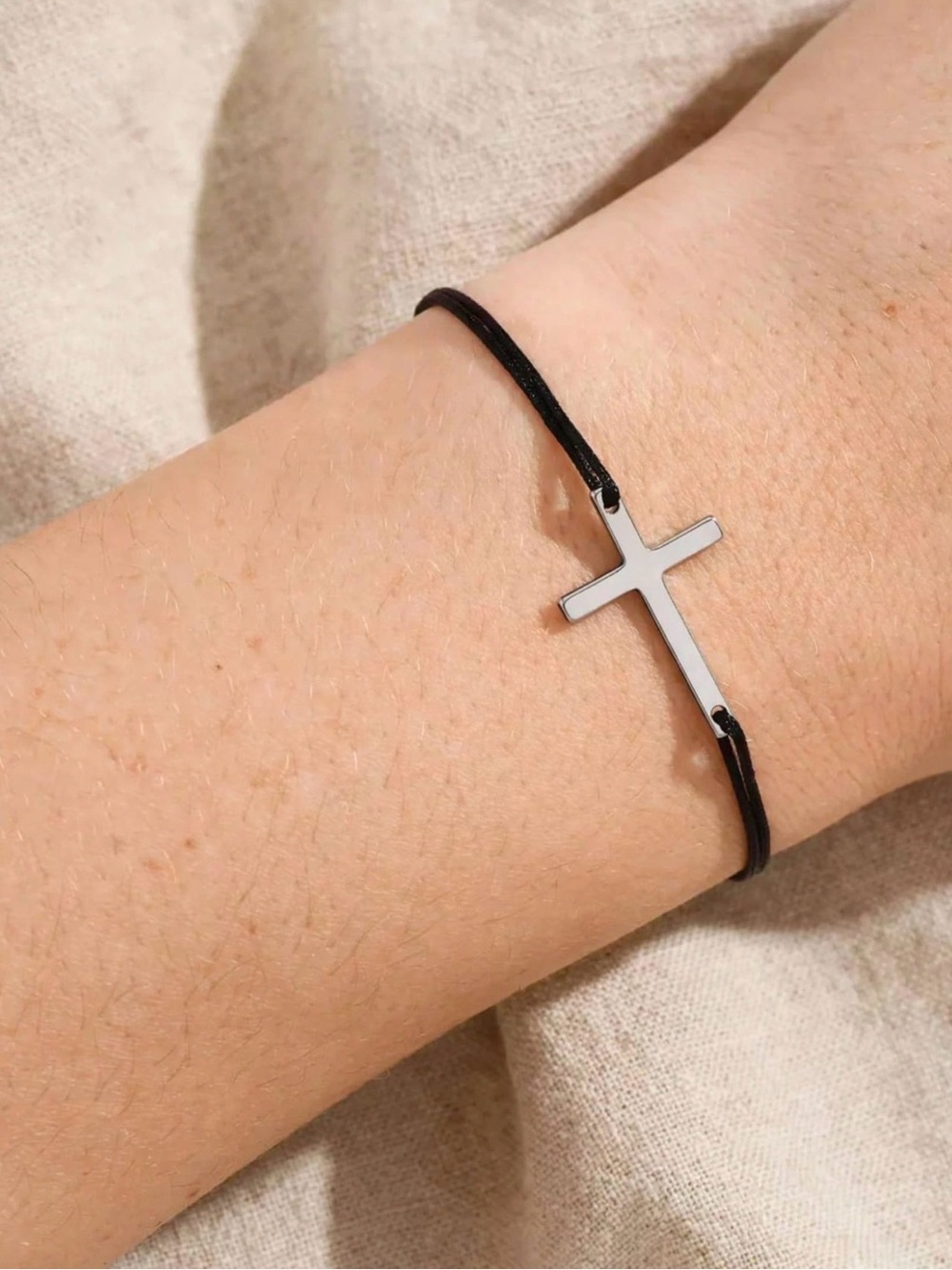 Silver Tone Cross Cord Bracelet in Black - Unisex